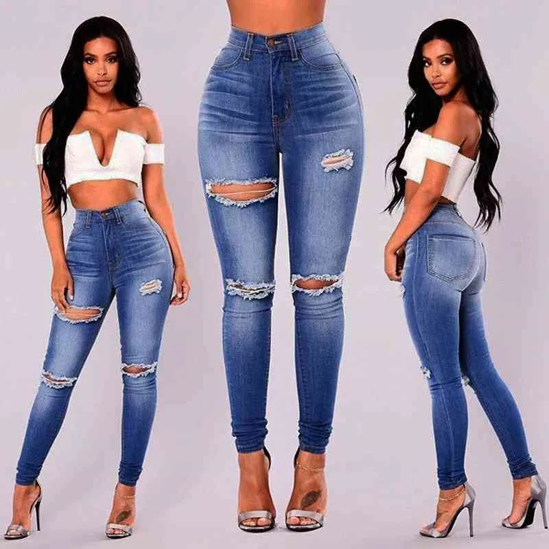 Blå rippad skinny jeans för kvinnor hight midja hål denim grundläggande penna byxor byxor casual bolleh wash jean femme mujer 210518