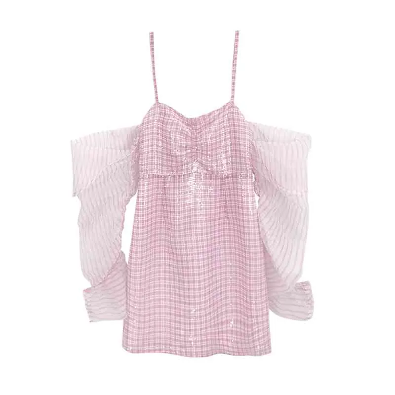 Strap Mini vestido sexy clube sem mangas rosa xadrez garganta d1982 210514