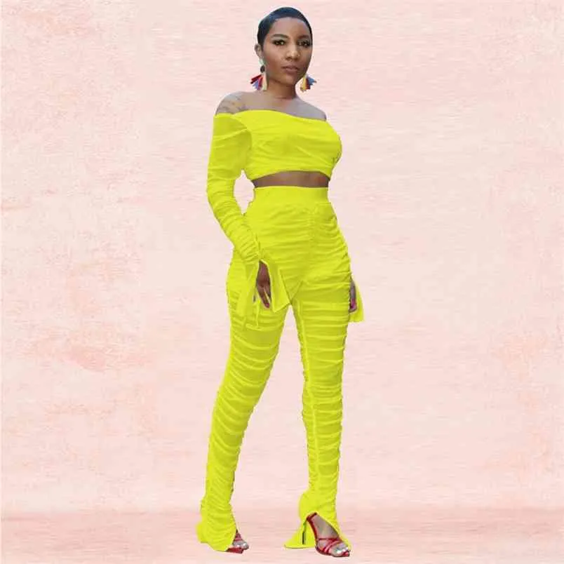 OMSJ Neon Color Mesh Sheer Two Piece Set Women Fashion Hollow Out Long Sleeve Outfits Sporty Active Wear Crop Top And Pants Sets 210517