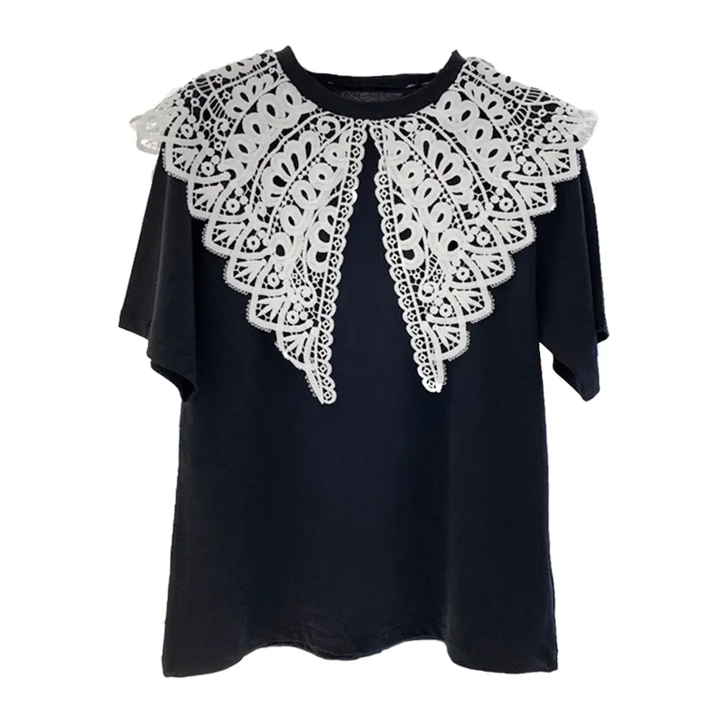 Summer Women's Loose Short-sleeved T-shirt Fashion Sweet Lace Turn-down Collar Woman Female Tops GX390 210507