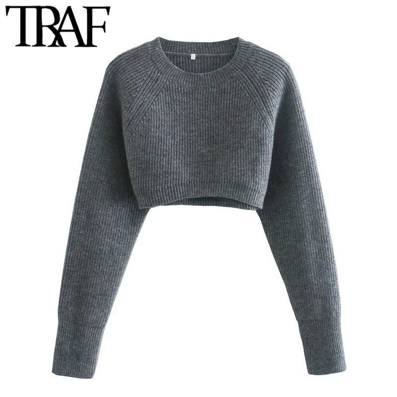 Traf Women Fashion Dothed dzianin Sweater Vintage O Neck Długie rękawy Pullovery Chic Tops 210415