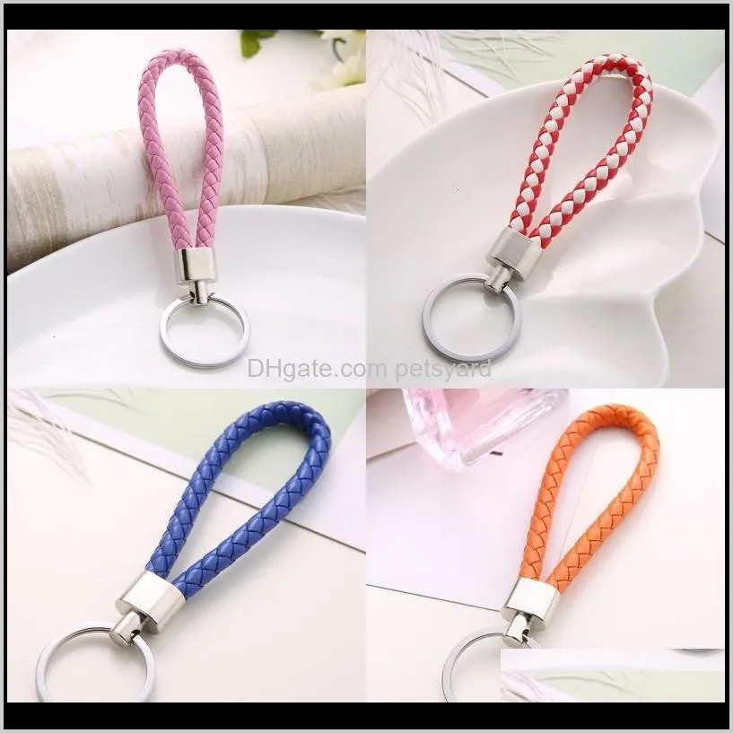 cr jewelry mix color pu leather woven keychain rope rings fit diy circle pendant key chains holder car keyrings jewelry accessories 728