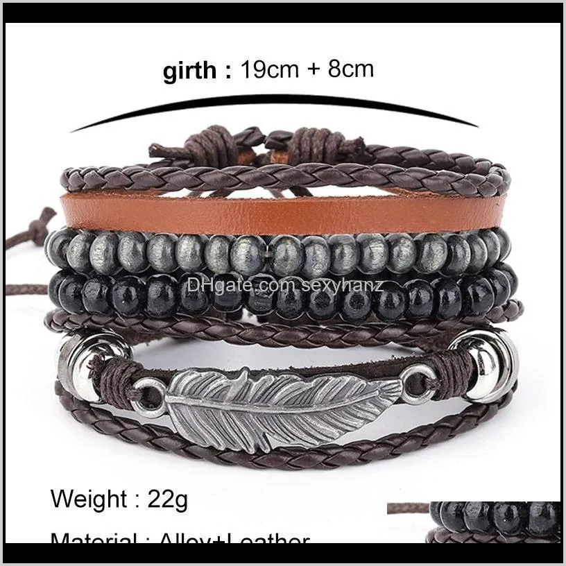 boho vintage leaf feather men multilayer leather bracelet 2020 fashion handmade braided bead rope wrap male bracelets & bangles