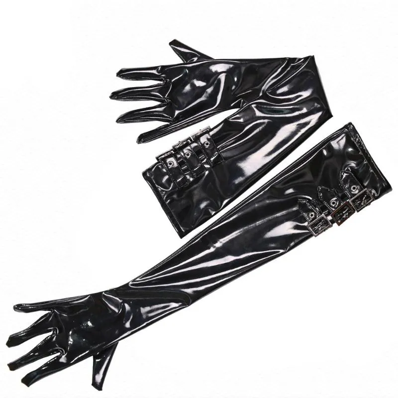 Fem fingrar handskar sexig svart maid cosplay finger gothic för kvinnor punk faux latex pvc läder club natt party clubwear outfits