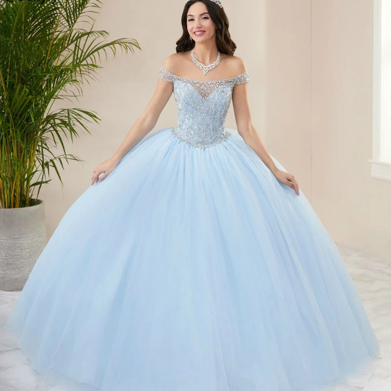 Abiti Quinceanera azzurri 2021 Crystal Sweet Off The Shoudler Ball Gown Prom Dress Lace Up Vestidos De 15 A￱os