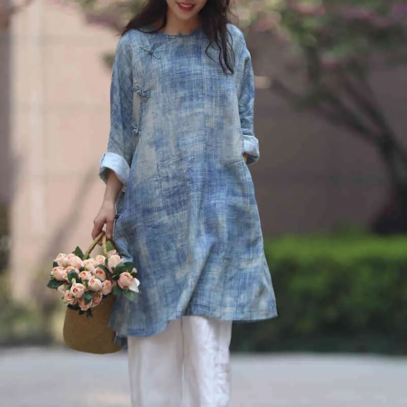 Johnature mujeres vintage camisas de lino y tops o-cuello botón primavera suelta ropa femenina de alta calidad blusas de estilo chino 210521