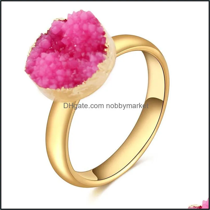 Fashion Natural stone Rings Geometric Druzy drusy quartz Bohemian Gold color adjustable Rings For women Jewelry Gift