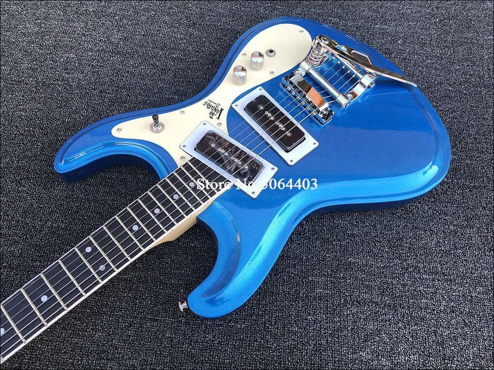 Ventuers Mosrite Metallic Blue E-Gitarre, Double-Cut-Korpusform, zwei P90-Tonabnehmer, China Bigs B-50 Vibrato, Zero Fret, Chrom-Hardware