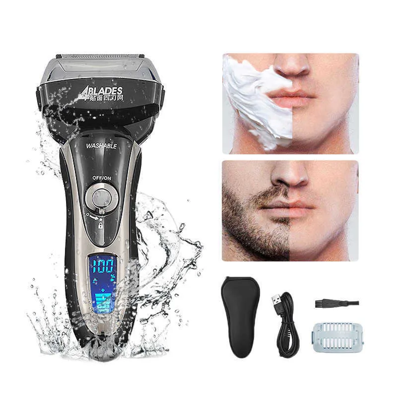 Haircut Men Trimmer Machine Shaving Electric Beard Razor IPX 6 Vattentäta Shavers Four Blade Led Display Facial Clipper P0817