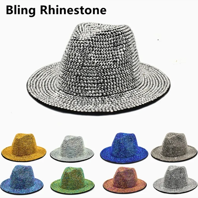 女性のためのラインストーンFedoraの帽子の帽子のための帽子のためのメンズワイドブリムフェルトパナマ全体のダイヤモンドの調節可能なジャズ帽子卸売夏冬