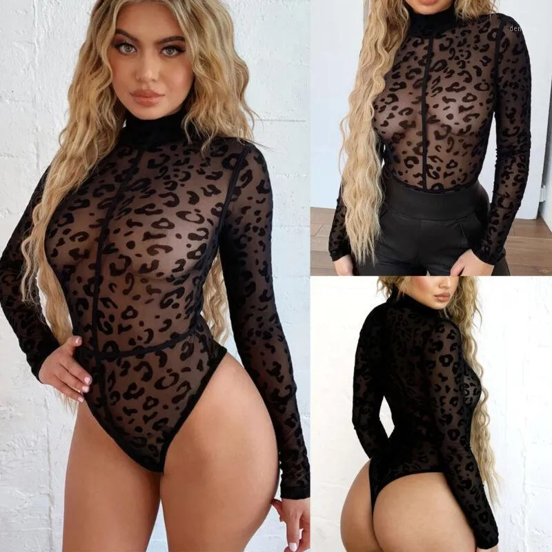 Kvinnors Jumpsuits Rompers Womens Jumpsuit Ladies Shirts Sheer Mesh Bodysuit Sexig Leopard Print Leotard Topp / Av