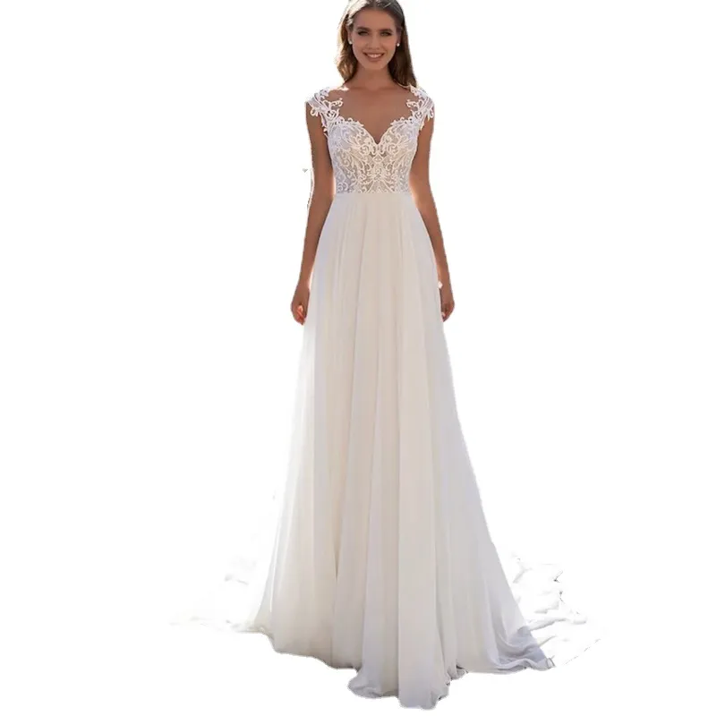 Vestidos Party Casamento A Linha Sheer Pescoço Boné Manga Rendas Apliques Lantejoulas Botão Andar Comprimento Trem Varredura Vestido de Noiva Formal