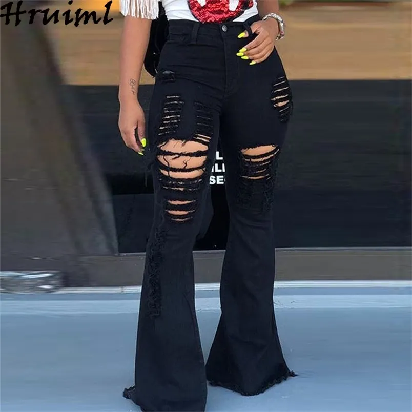 Denim Flare Calças Mulheres Forma Moda Cintura Alta Buraco Calças de Jeans Sólido Casual Streetwear Plus Size Sexy Long Calças 210513