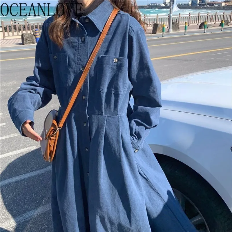 Corduroy Solid Women Dress Autumn Winter Robes Vintage Blue Korean Shirt Dresses Fashion Vestidos Loose 18127 210415