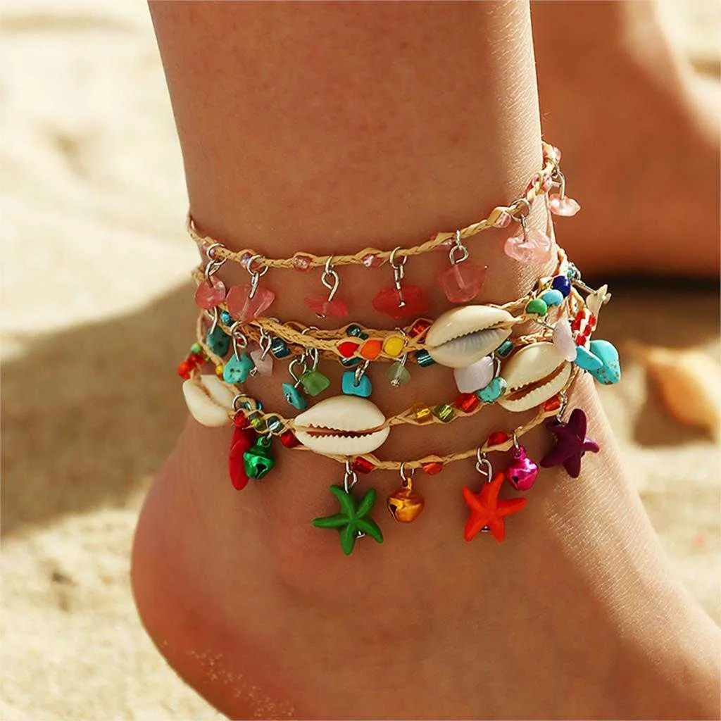 Böhmische Raffia-Ketten Fußkettchen für Frauen Sommer Strand Shell Multicolor Starfish Charms Armband Fußbeinkette Barfuß Schmuck Q0605