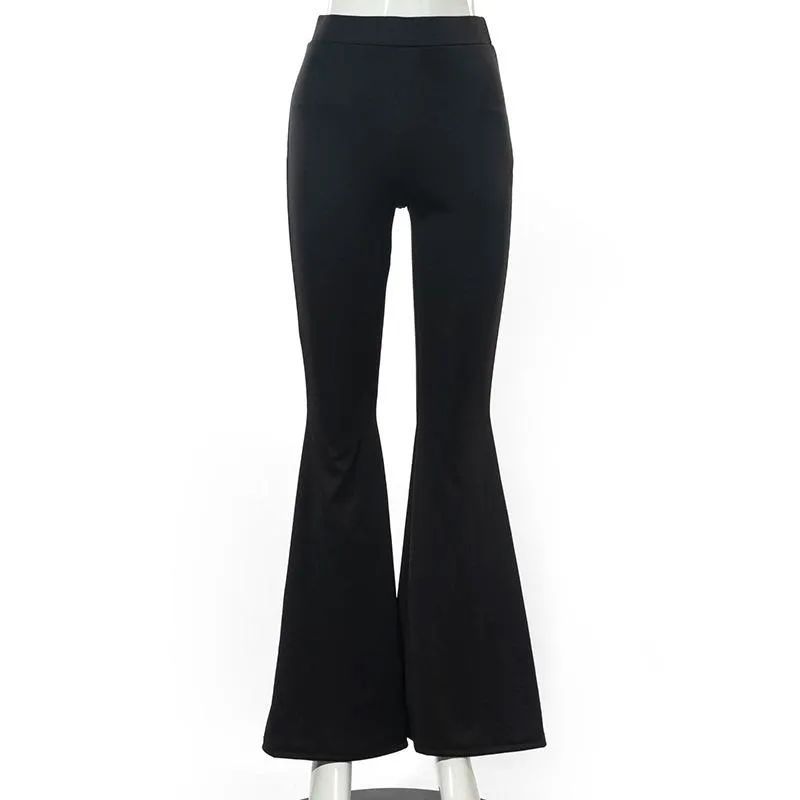 90s Aesthetics High Waist Black Flare Pants Y2K Streetwear Slim Full Length  Basic Trousers Mall Goth Long Women