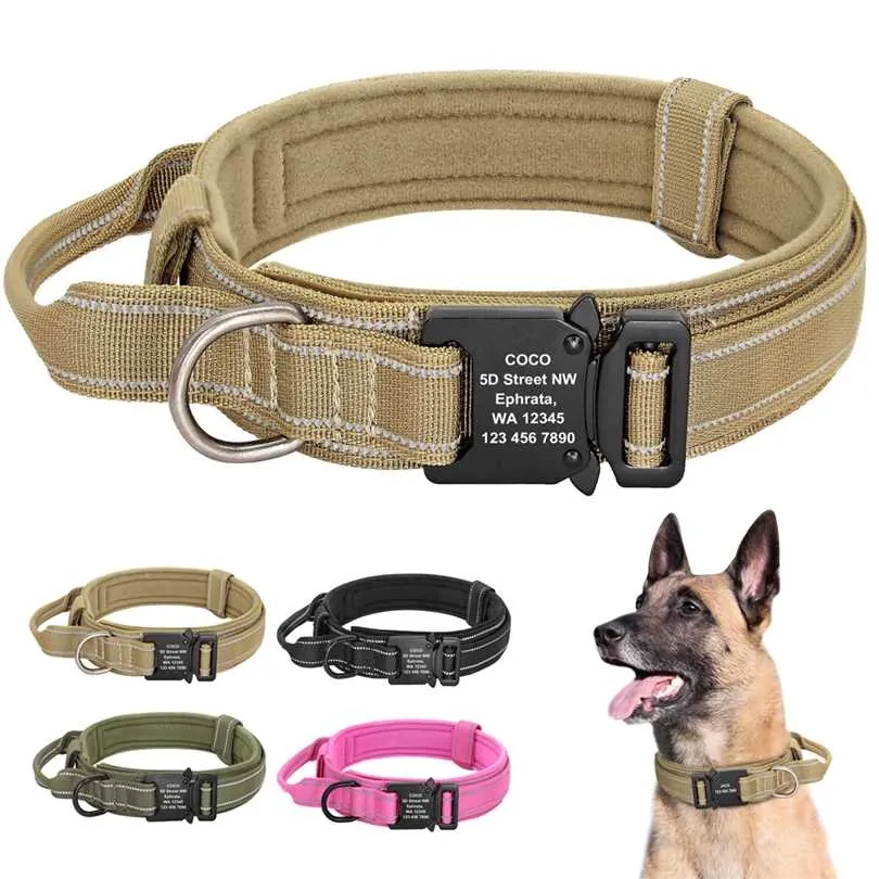 Spersonalizowany wojskowy Tactical Dog Collar Niestandardowy Nylon Bezpłatny wygrawerowany regulowany szkolenie dla średnich Duży 211022