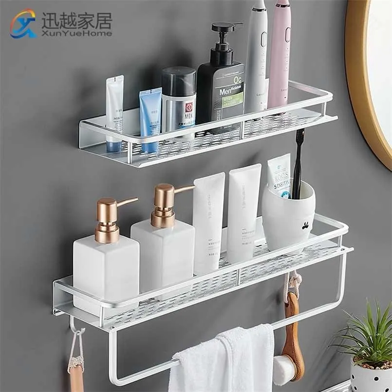 Półki ścienne Szampon Półki ścienne Matowe Silver Aluminium Półka WTH Hook Bar Organizator Kuchnia Spice Rack Akcesoria łazienkowe 211112