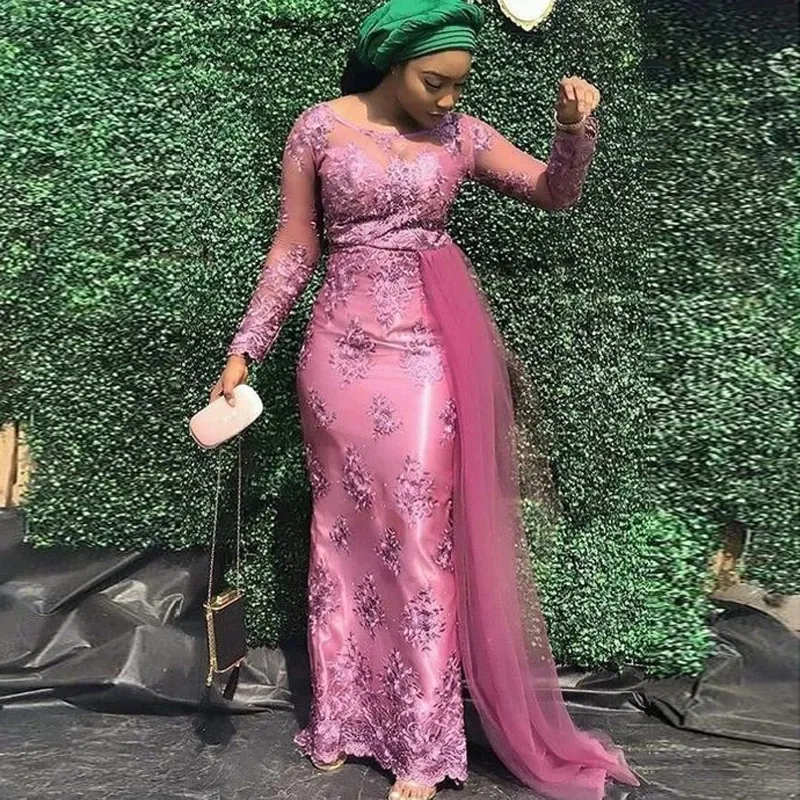 Afrikaanse vrouwen formele prom dresses plus size ASO EBI Nigeria feestjurk zeemeermin lange mouw kant avondjurken