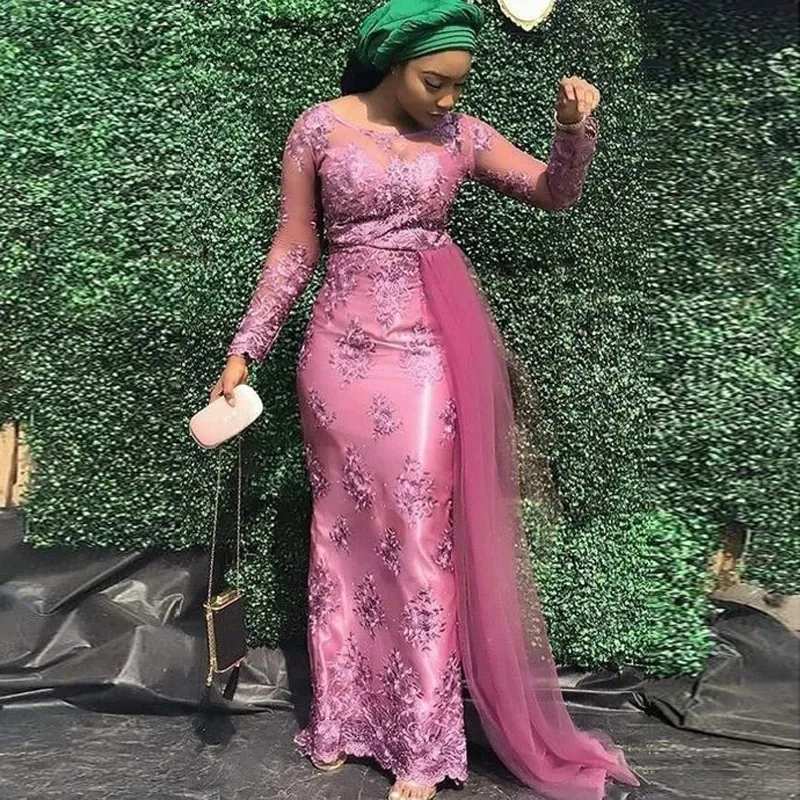 Femmes africaines robes de bal formelles grande taille Aso Ebi Nigeria robe de soirée sirène à manches longues robes de soirée en dentelle