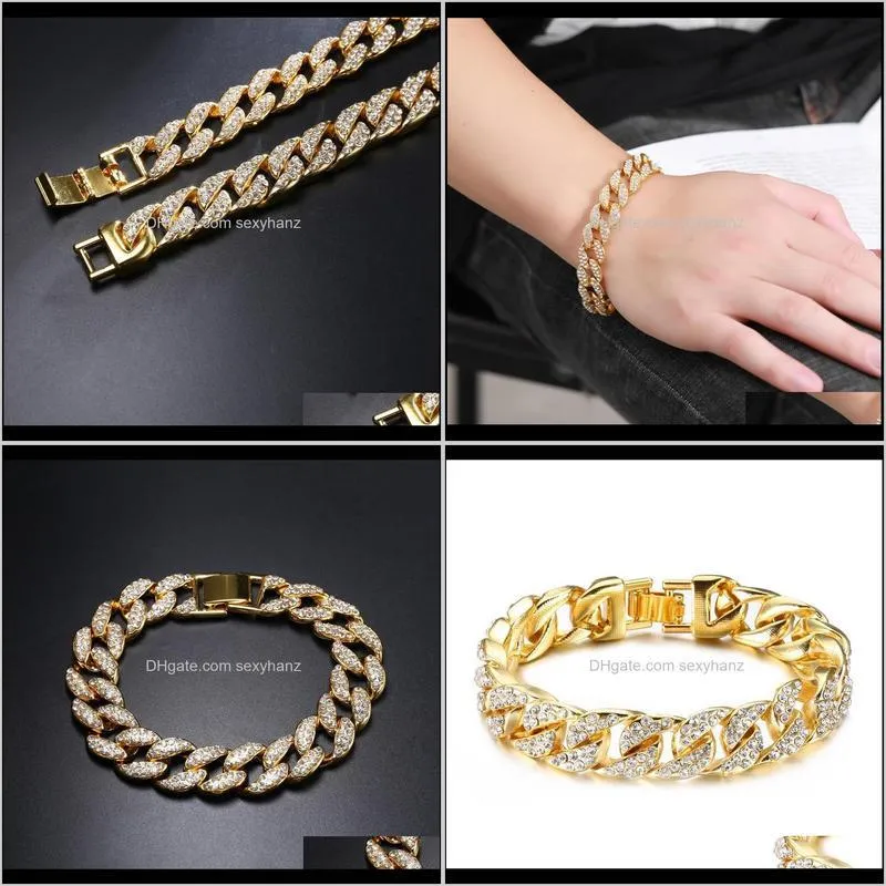 18k gold cuban chain bracelets for men hip hop 14mm 23cm iced out crystal  bracelet the hip hop king jewelry bangles gift