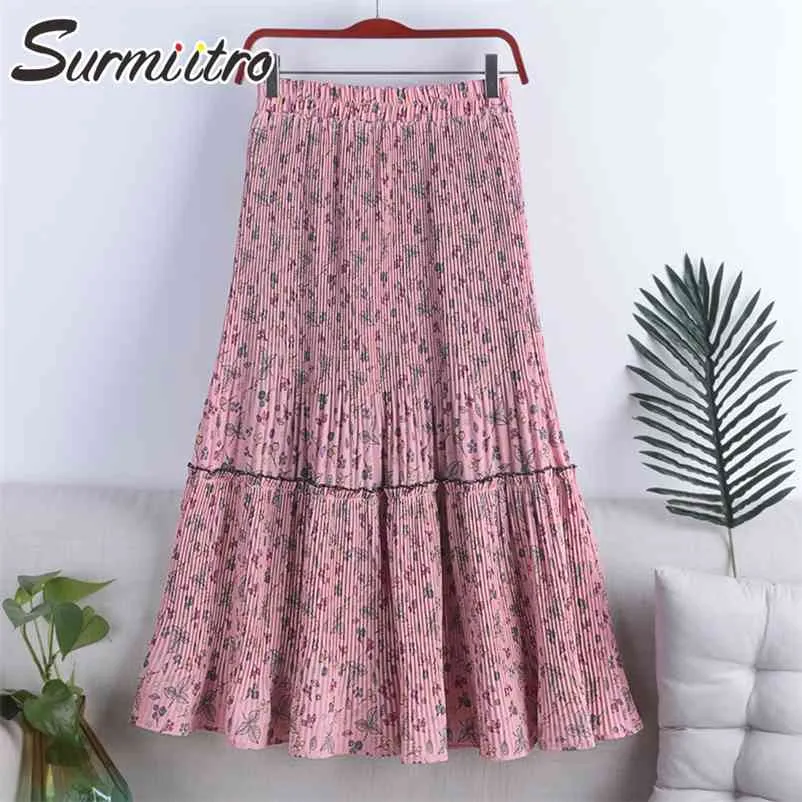 Faldas Midi de verano para mujer estilo coreano Vintage Rosa estampado Floral estética cintura alta falda larga plisada femenina 210421