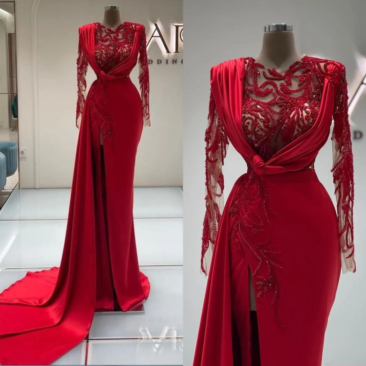 Illusion z długim rękawem Mermaid Prom Dresses Gala Jurk Lang Zroszony Kryształ Fishtail Arabski Aso Ebi Ebi Suknia Suknia