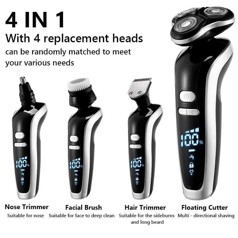 USB Recarregável 4 em 1 cabelo Clipper Shaver 4D triplo lâmina de lâmina de lâminas nariz cabelo aparador facial limpeza escova de barba trimmer p0822