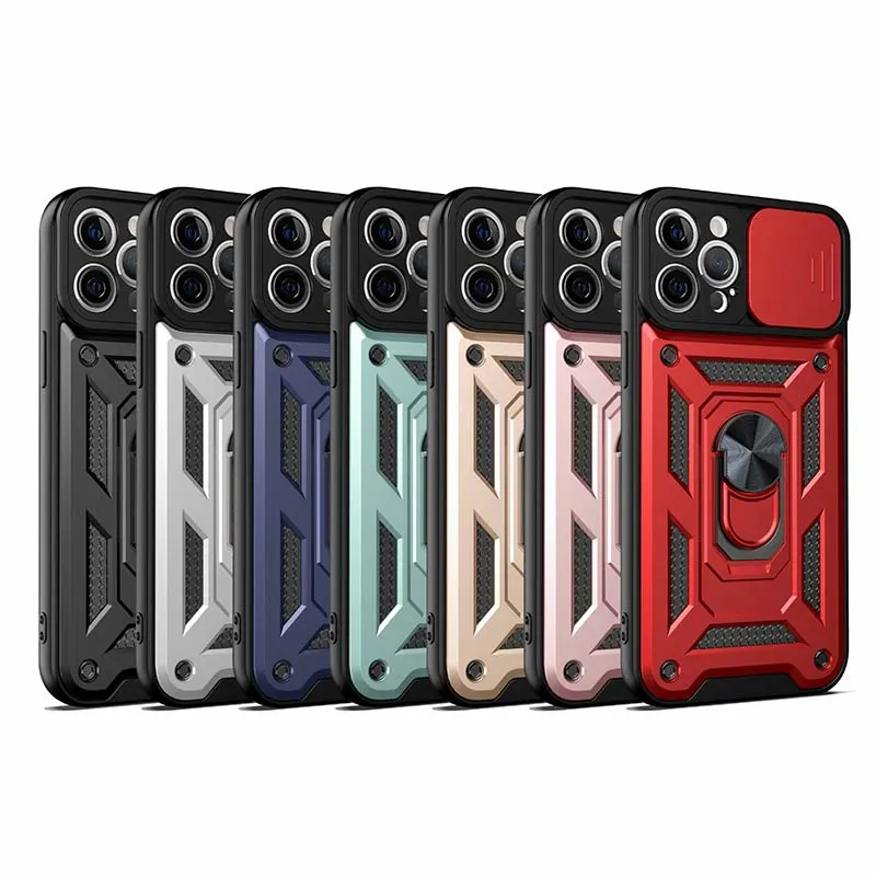 Slide Window Lens Protector Kickstand Ring Holder Hybrid Cases pour iPhone 13 12 Pro MAX 11 XS XR Samsung S21 Ultra A10S Fonctionne avec support de voiture magnétique