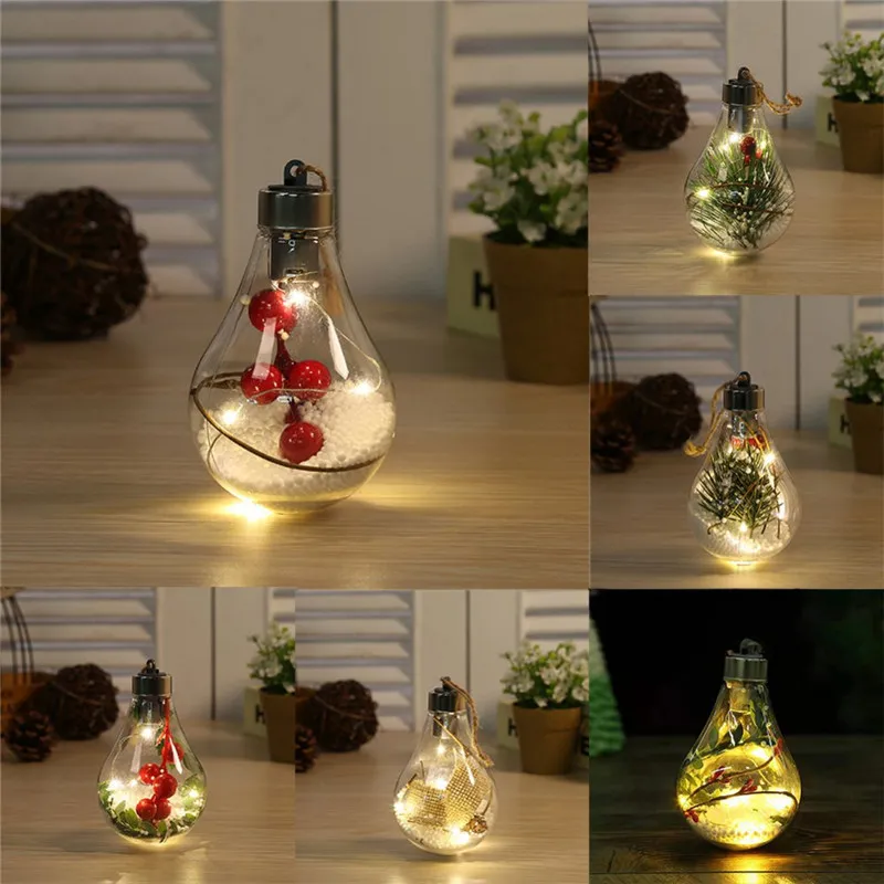 LED Transparent Christmas Ornament Tree Pendant Plastic Bulb Ball Home Decor Birthday Gift New Year Gifts Lights Hanging Clear Decoration for Xmas Party Indoor