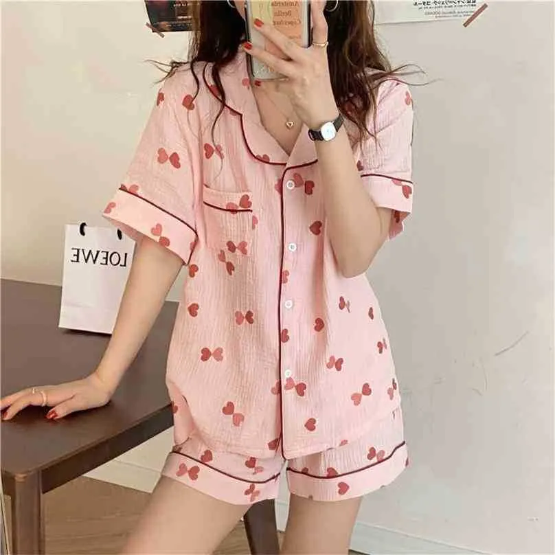 Summer Women Short Pajamas Sweet Nightwear Homewear Love Printing Cotton Loose Two Piece Suit Sets 210525