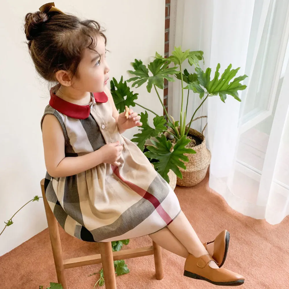 Summer Girls Lapel Wind Sleeveless Skirt High Quality Cotton Baby Kids Big Plaid Dress Children Princess Baby Dress