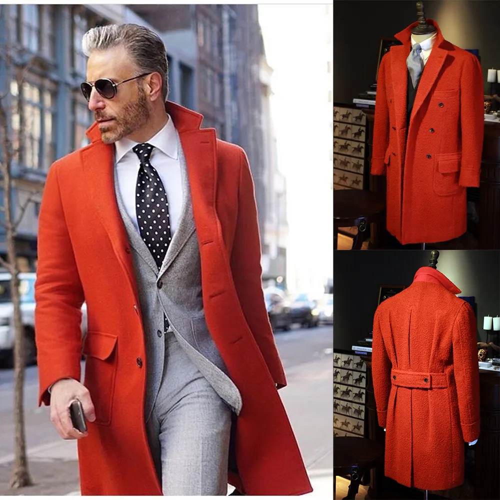 Orange Tweed Wool Men Long Coat Tuxedos Winter Warm Two Button Groom Party Prom Jacket Business Wear Outfit One Suit