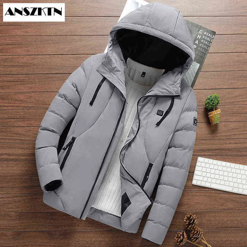 ANSZKTN new style Men Heated Jackets Outdoor Coat USB Electric Battery Long Sleeves Heating Hooded Jackets Warm Winter Thermal Y1103