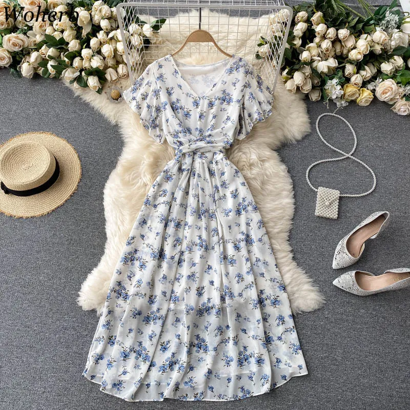 vintage summer beach dress Boho Floral Maxi Dress Vintage Ribbon Tie Summer A-Line Dress