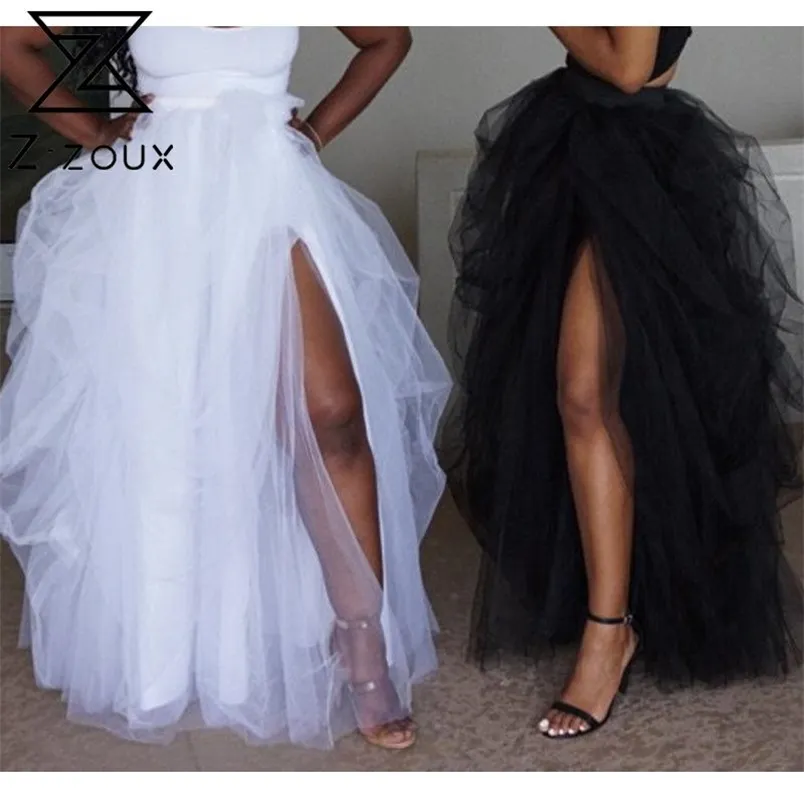 Women Skirt Asymmetry Split Sexy Mesh Skirts s Black White Plus Size Long High Waist Fashion 210513