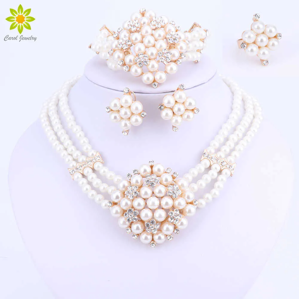 2020 Nowy Moda Imitacja Pearl Dubai Złoto Kolor Naszyjnik Zestaw Afryki Koraliki Kostium Aksesories Bridal Wedding Jewelry Sets H1022