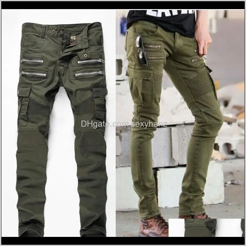 Odzież Odzież Drop Dostawa 2021 Projektant Army Green Biker Mężczyźni Prosto Slim Fit Stretch Denim Skinny Jeans Męskie Spodnie Guujc