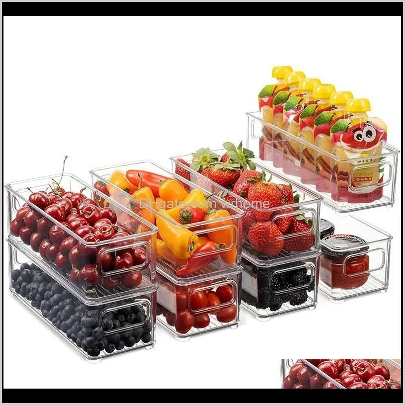 refrigerator organizer bins, clear stackable plastic storage rack with handles for pantry, kitchen bottles & jars
