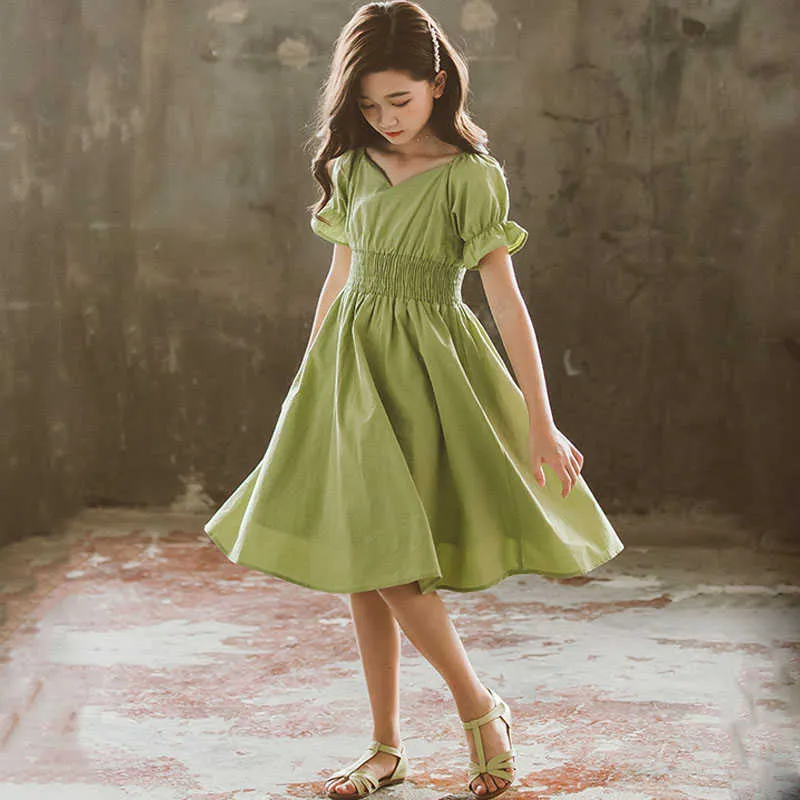 2021 summer Kids Dresses For Girls Cotton Green Children Teen Girl Dress Clothing Casual Clothes 5 6 7 8 9 10 11 12 14 15 Years Q0716