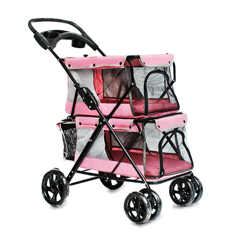 Cão de carro de carro Capas Leve Dobrável Dobrável Duplo-Camada Pet Stroller Quatro Roda Grande Trole Respirável para Cat 20 Rolamento 4 Cores