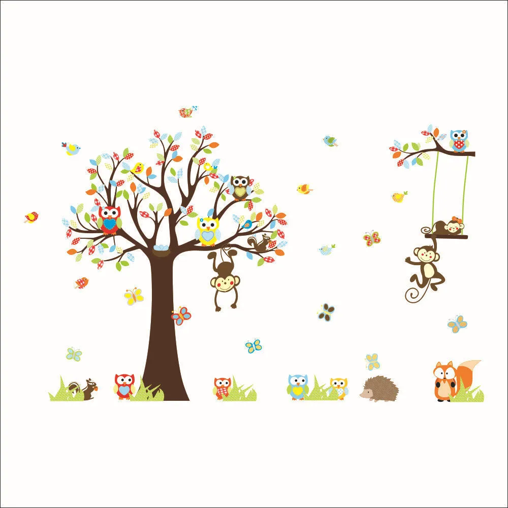 Lovely Monkeys Tree Wall Stickers för Barn Room Heminredning Djur Adeesivo de Parede 1212. Tecknad PVC Dekaler Väggmålning Konst 3.0 210420