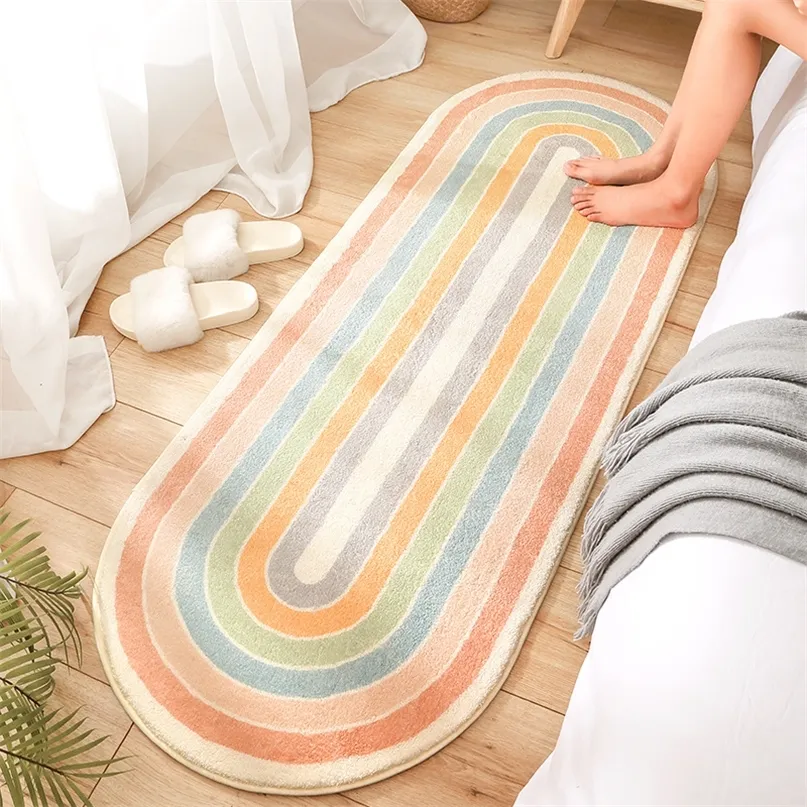 1PC Oval Furry Rainbow Rug Bedroom Long Foot Mat Soft Lamb Wool Living Room Bedside Carpet Non-Slip Absorbent Door Mats Decor 220301