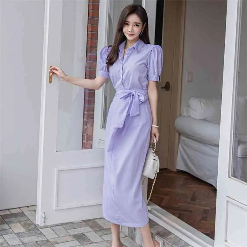 Tröja klänning för kvinnor sommar kort ärm notched polyester långa damer blå stripe kontor maxi klänningar 210602