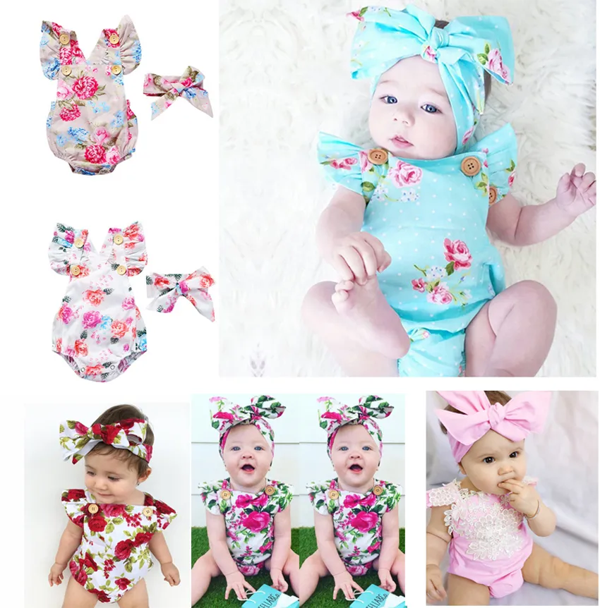 Baby Girl Floral Rompers Bodysuit с повязками ruffles Рукав 2 шт. Установленные кнопки Летние ins umper Костюмы 6 стилей