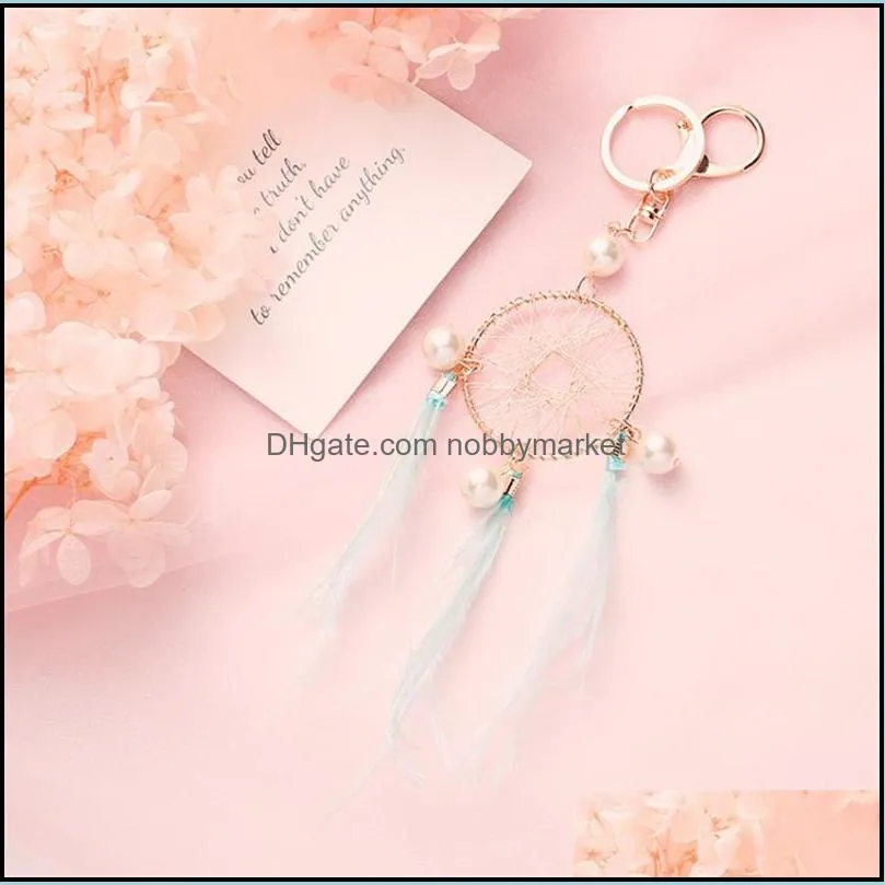 Pearl Feather Key Chains Holder Dreamcatcher Pendants Car Keychain Keyrings for Girls Women Bag Hanging Fashion Charm Key Rings