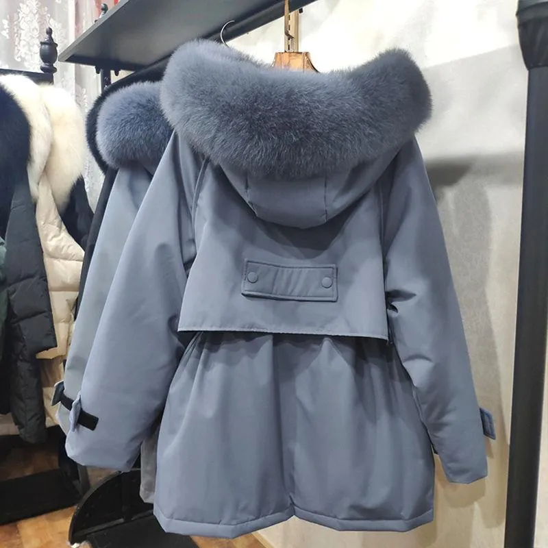 Женский пуховик Parkas Fashion 2021 зимняя теплый пальто с капюшоном Женщины негабаритные регулируемые талии меховой воротник молнии Parka