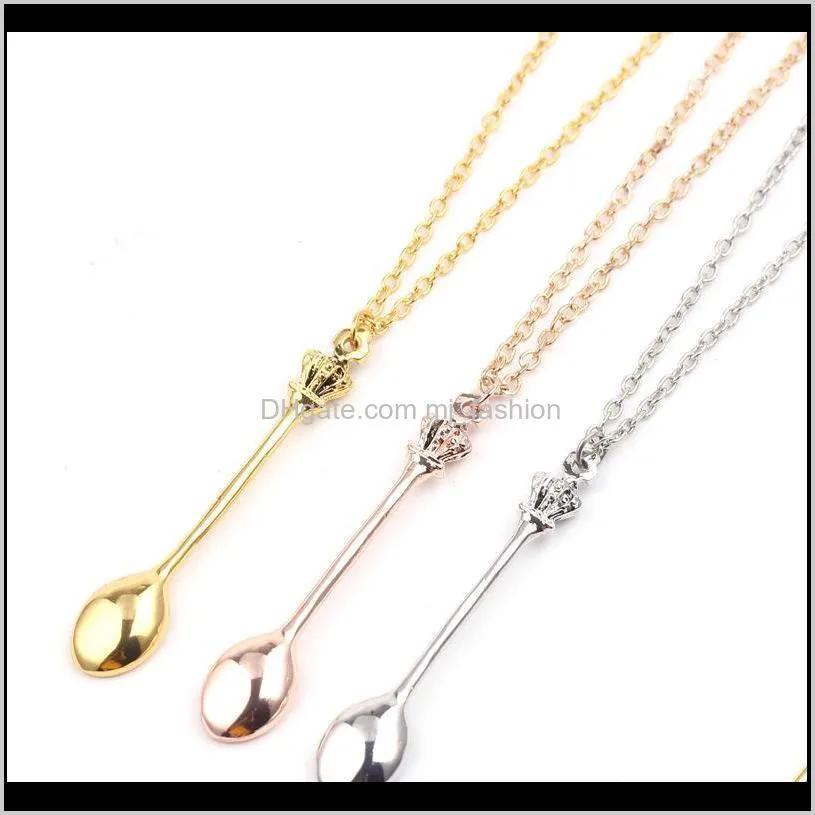 charm tiny tea spoon pendant necklace with crown necklace 3 colors creative mini long link jewelry spoon ps0795