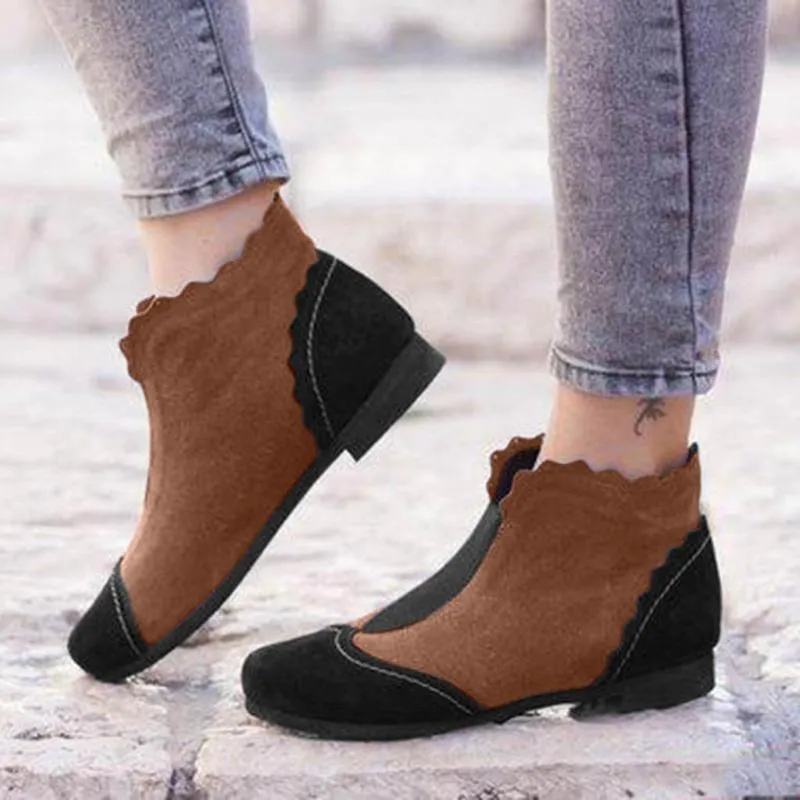 Boots Rome Mixed Color Short Shoes Woman Fashion Retro Round Toe Low Heels Slip On Ankle Botas Mujer Invierno Nice