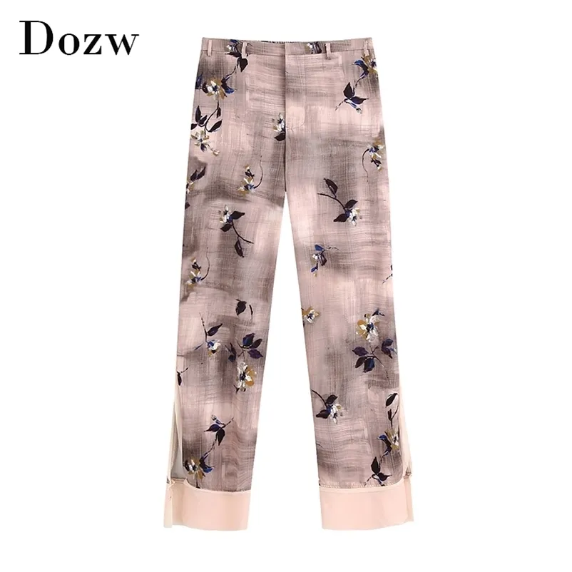 Floral Print Pantwork Calças Mulheres Bolsos Lado Split Chique Calças Longas Senhora Loja Larga Perna Bottoms Ropa Mujer 210515